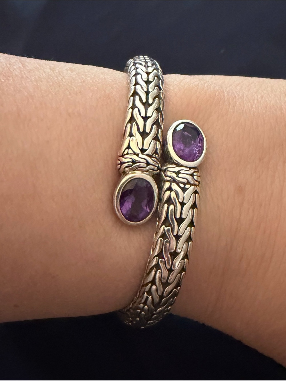 John Hardy Batu Double Coil Silver Bracelet Woven Open Cuff Amethyst